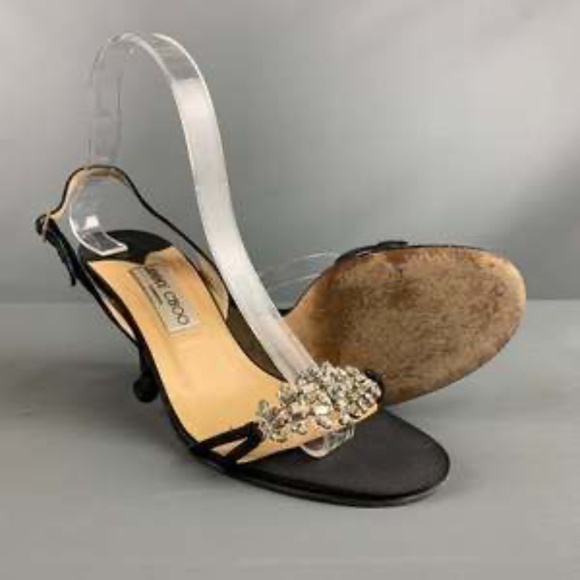 JIMMY CHOO Sexy Sparkly Black Satin Rhinstone Slingback Heals - Dressy Sandal - Picture 6 of 7